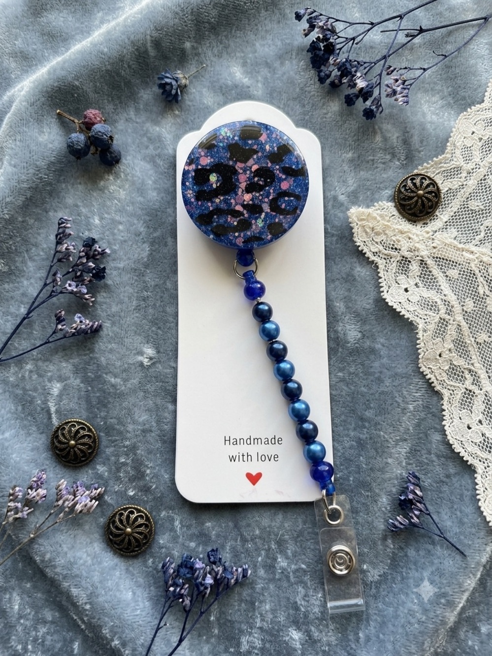 Blue Glitter Leopard Beaded Badge Reel Key & Card Holder